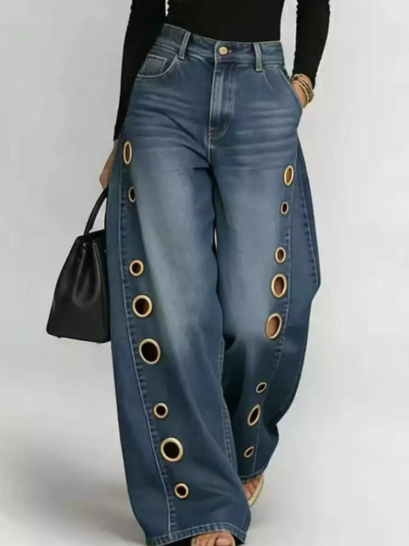 Wide Leg Jeans with Eyelet Details