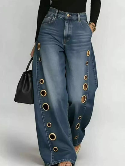 Wide Leg Jeans with Eyelet Details