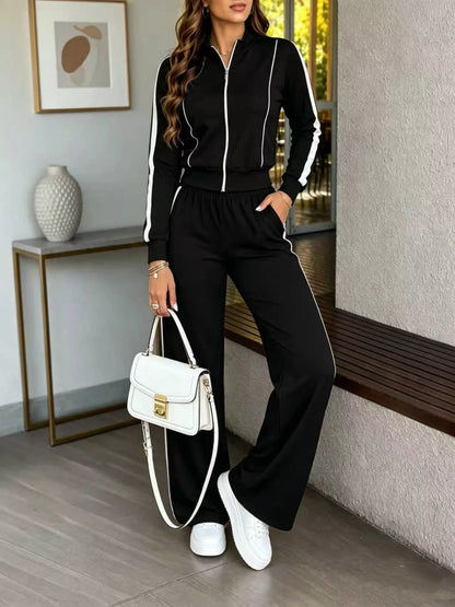 Women's black contrast zip-up top & pants set with pockets