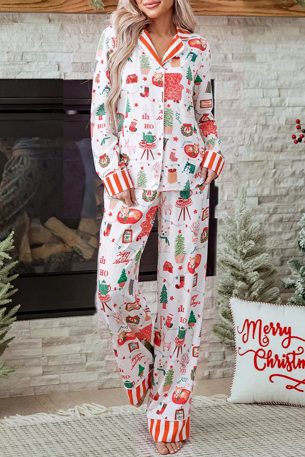 Holiday print pajama set with striped trim, view 3