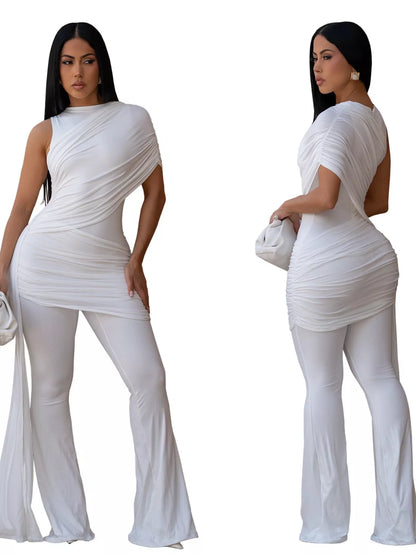 Ruched One-Shoulder Flare Leg Jumpsuit