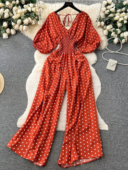 Smocked V-Neck Wide Leg Jumpsuit