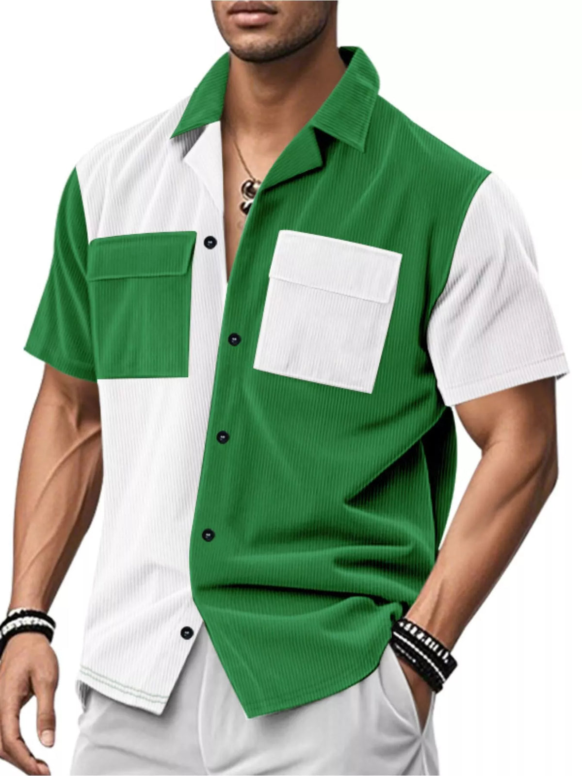 Two-tone corduroy shirt in Green and White