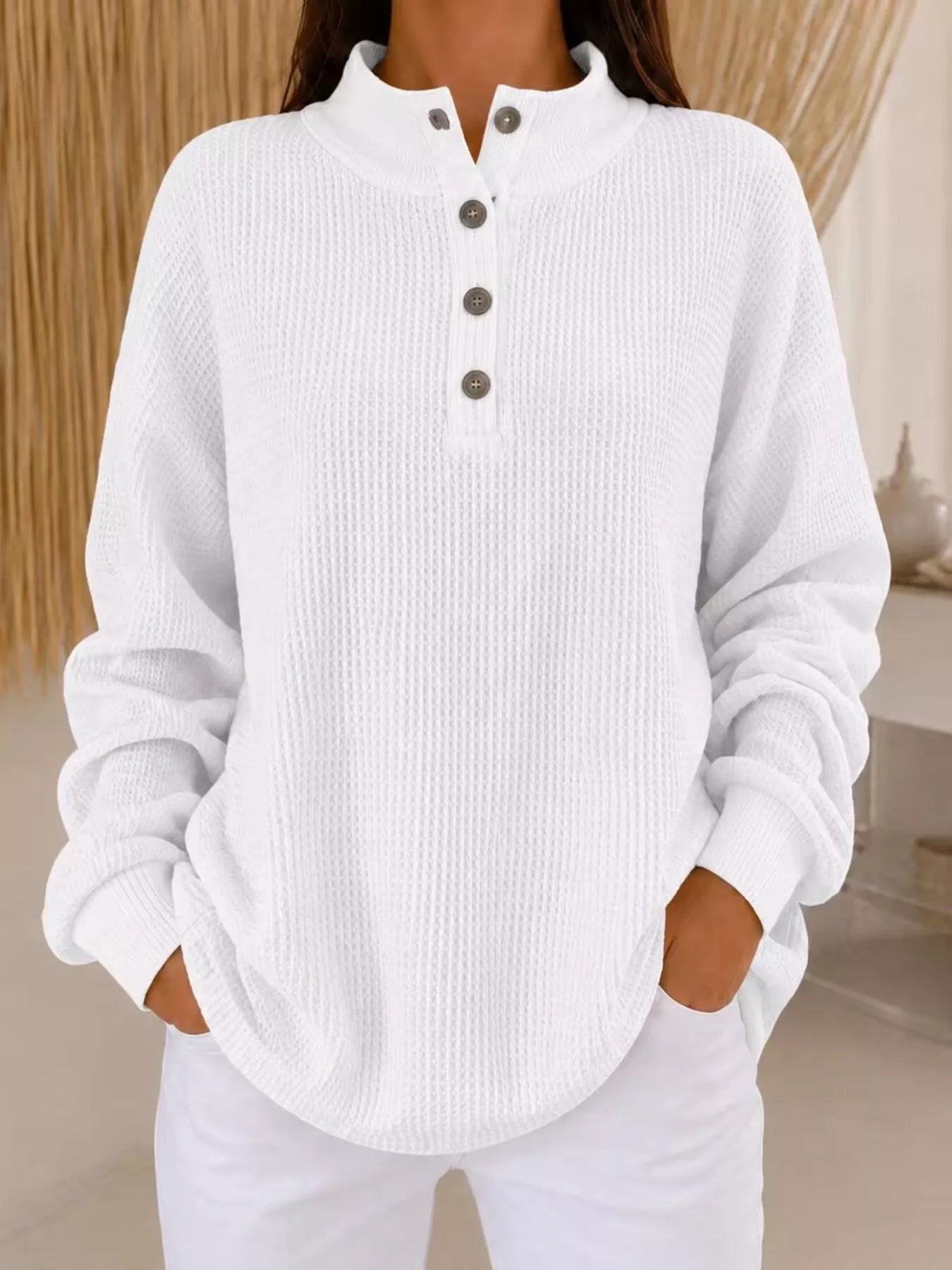 Full Size Waffle Knit Button Detail Sweatshirt Plus Size