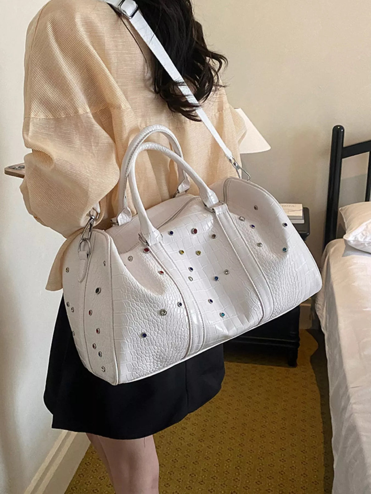 Croc-embossed weekender bag, view 9