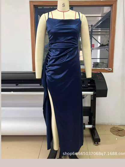 Satin Ruched High-Slit Maxi Dress