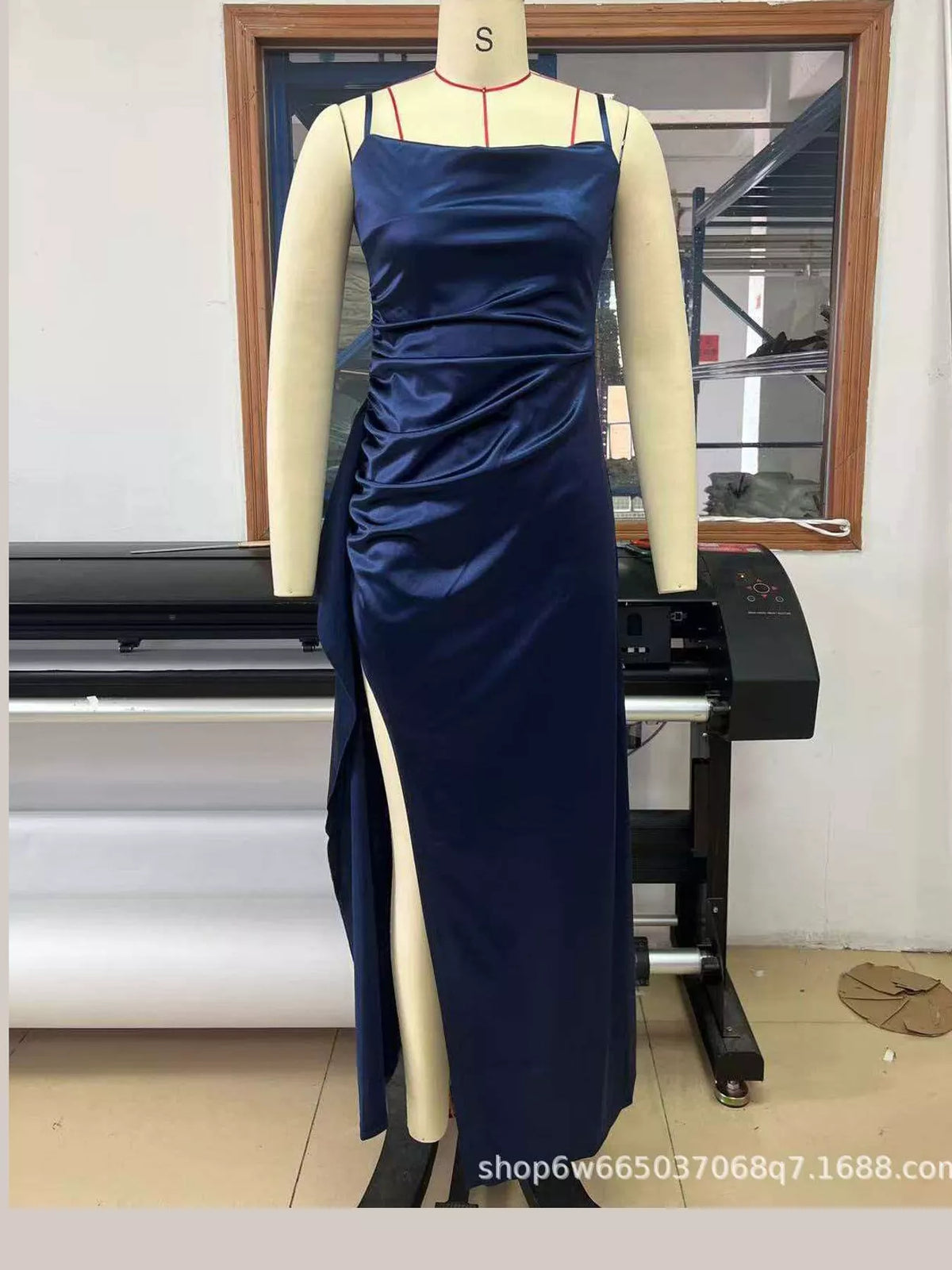 Satin ruched high-slit maxi dress, view 7