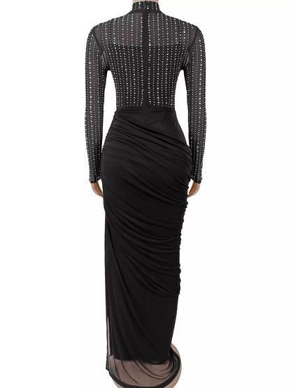 Rhinestone Mock Neck Ruched Maxi Dress