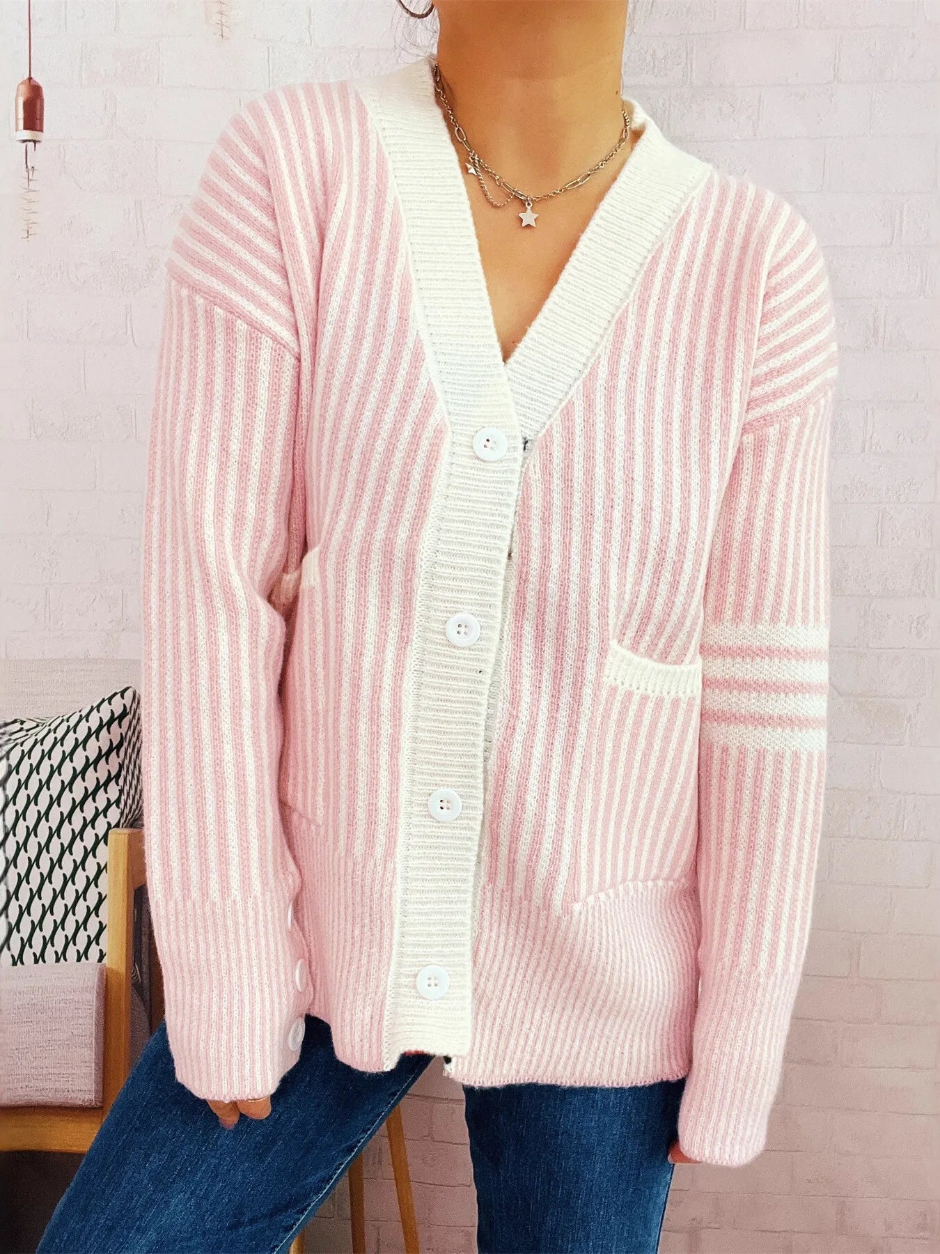 Striped Cardigan with Contrast Trim