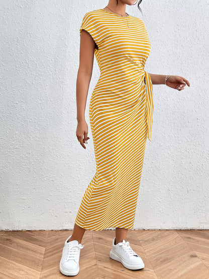 Striped Tie Side Casual Midi Dress