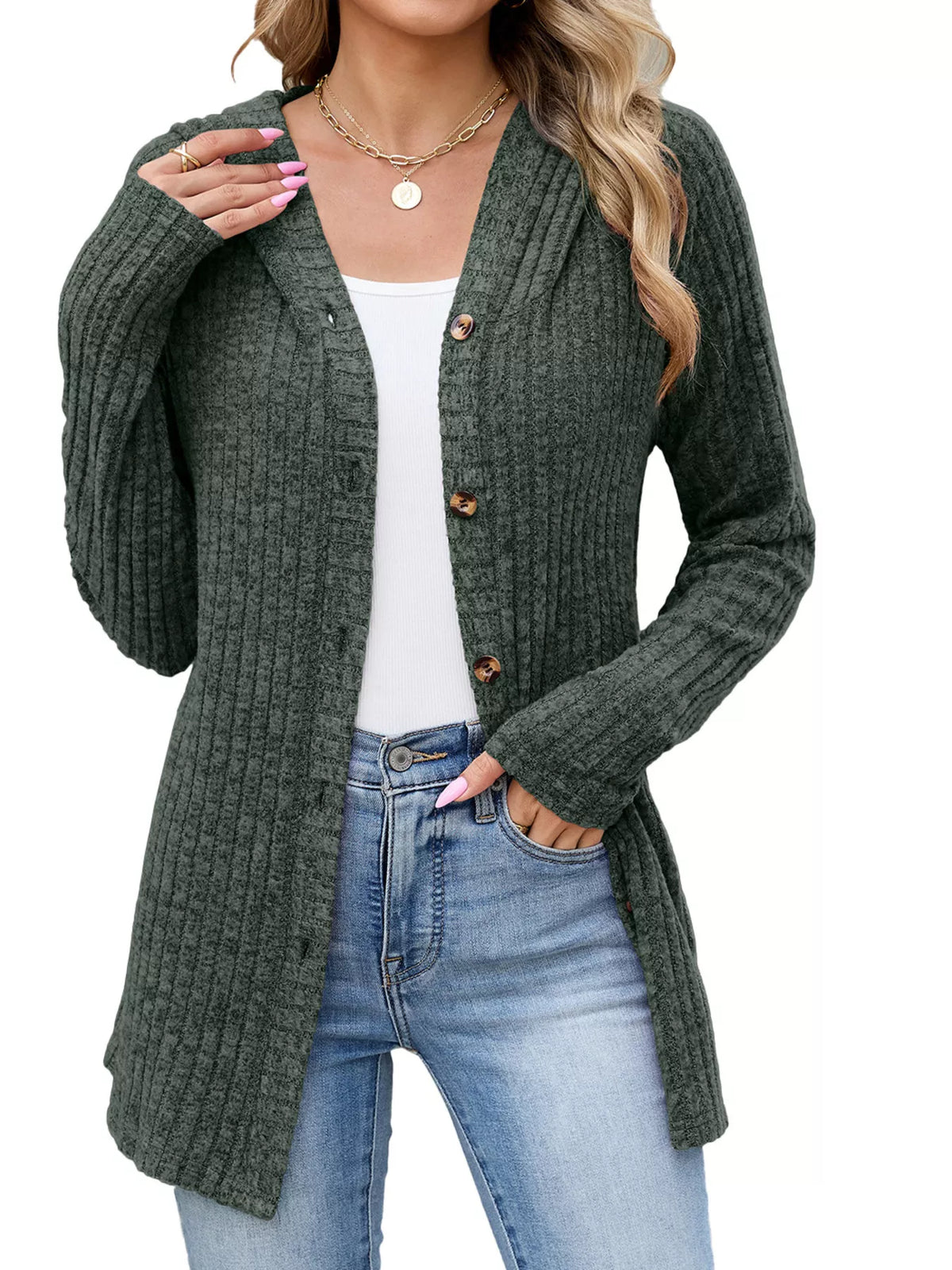 Ribbed Knit Hooded Button-Down Cardigan