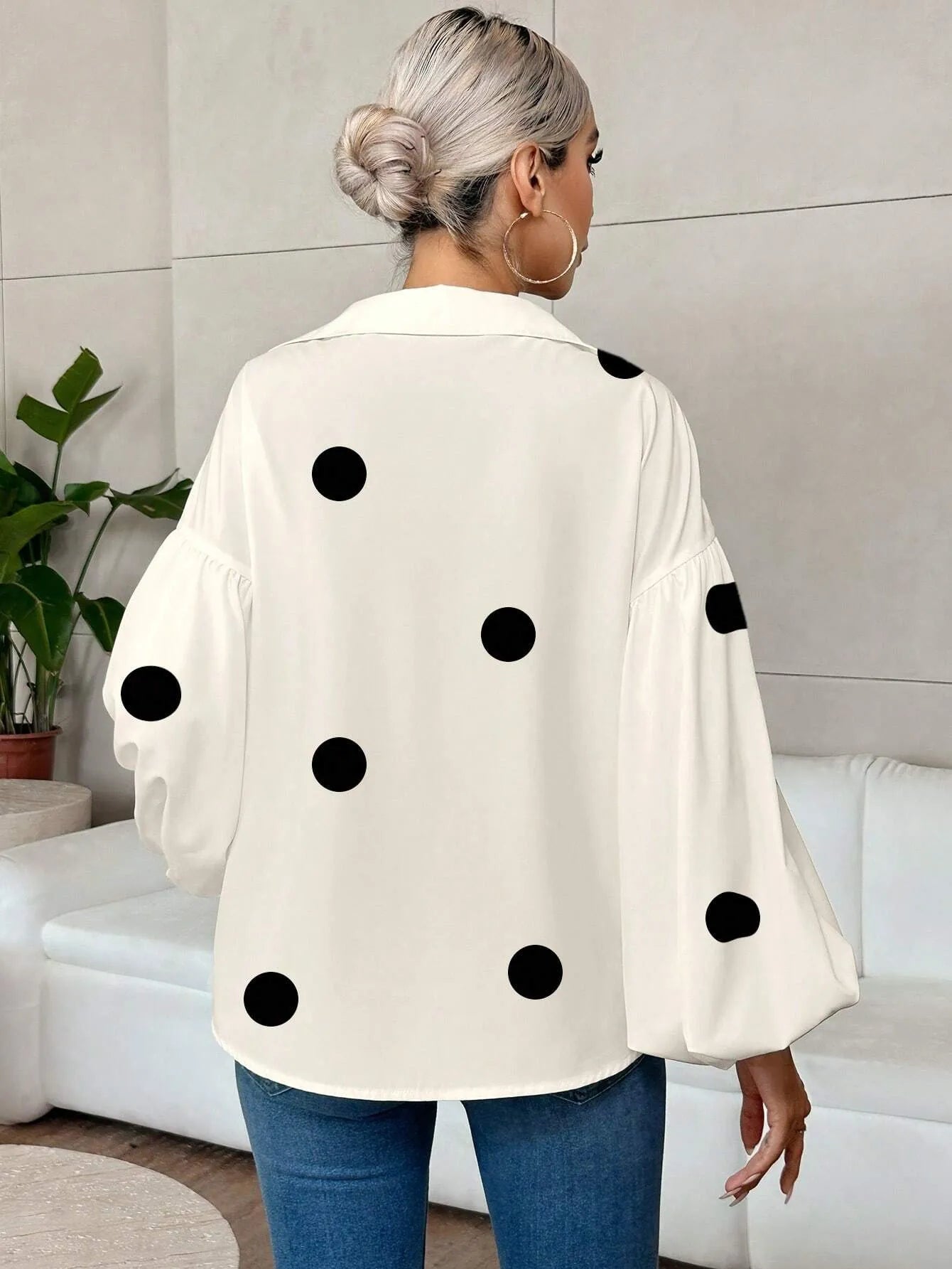 Polka Dot Balloon Sleeve Blouse