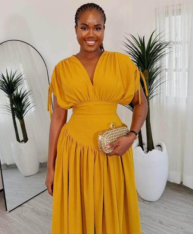 V-sleeve Elastic High Waisted Long Dress