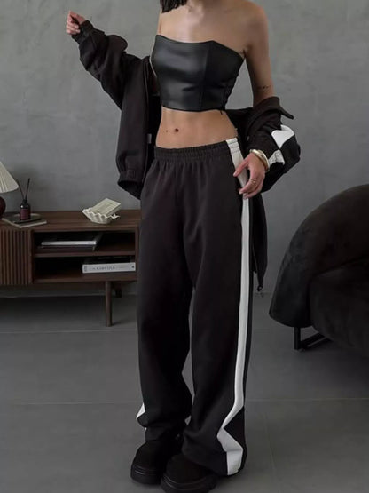 Contrast Side Stripe Zip Up Top and Pants Set