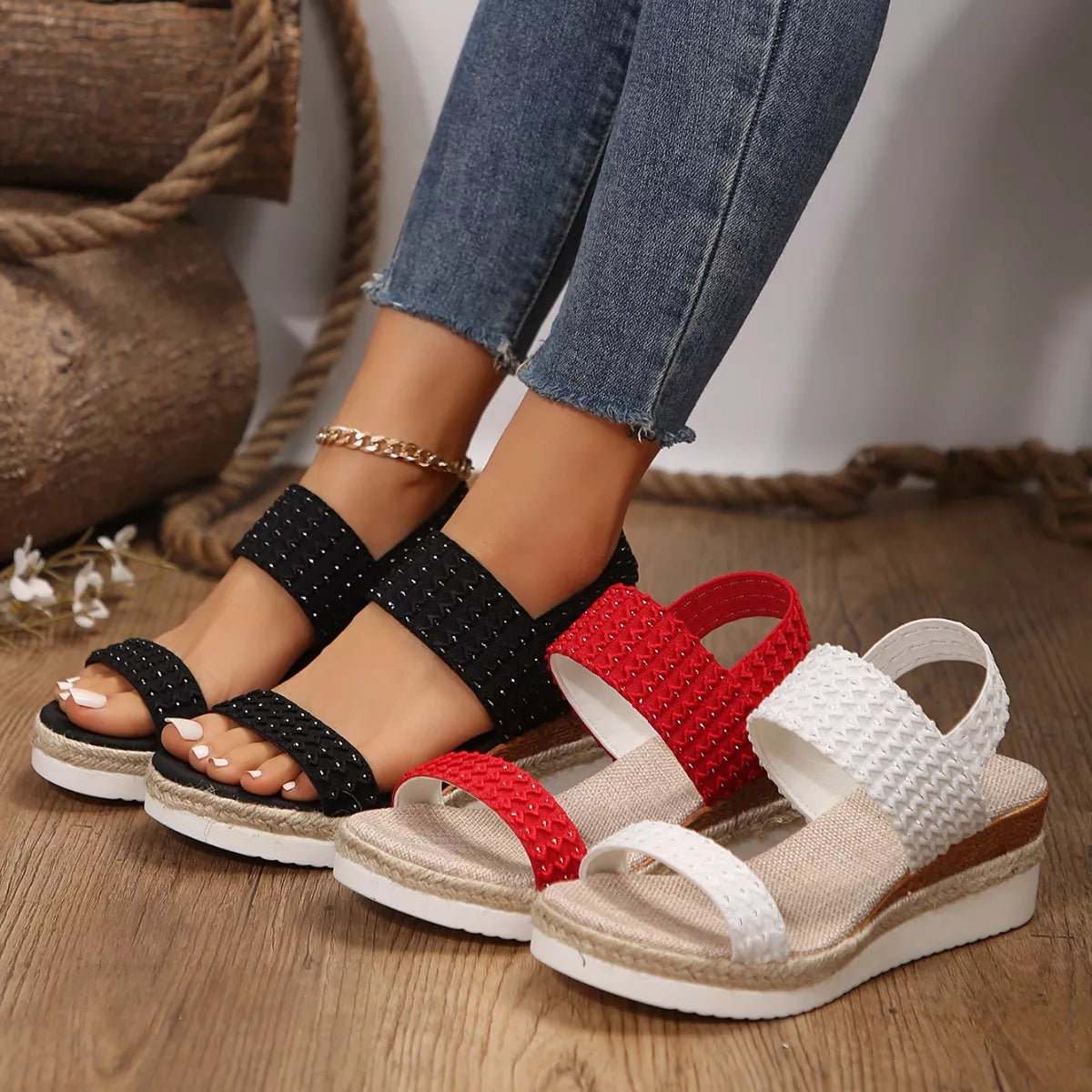 Woven Elastic Strap Wedge Sandals