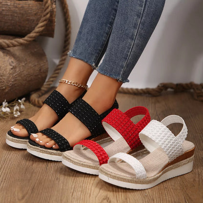 Woven Elastic Strap Wedge Sandals