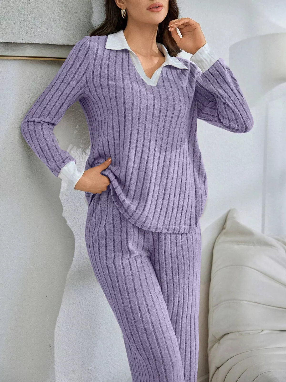 Ribbed Knit Polo Collar Top and Pants Lounge Set