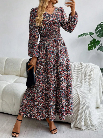 Printed V-Neck Long Sleeve Dress