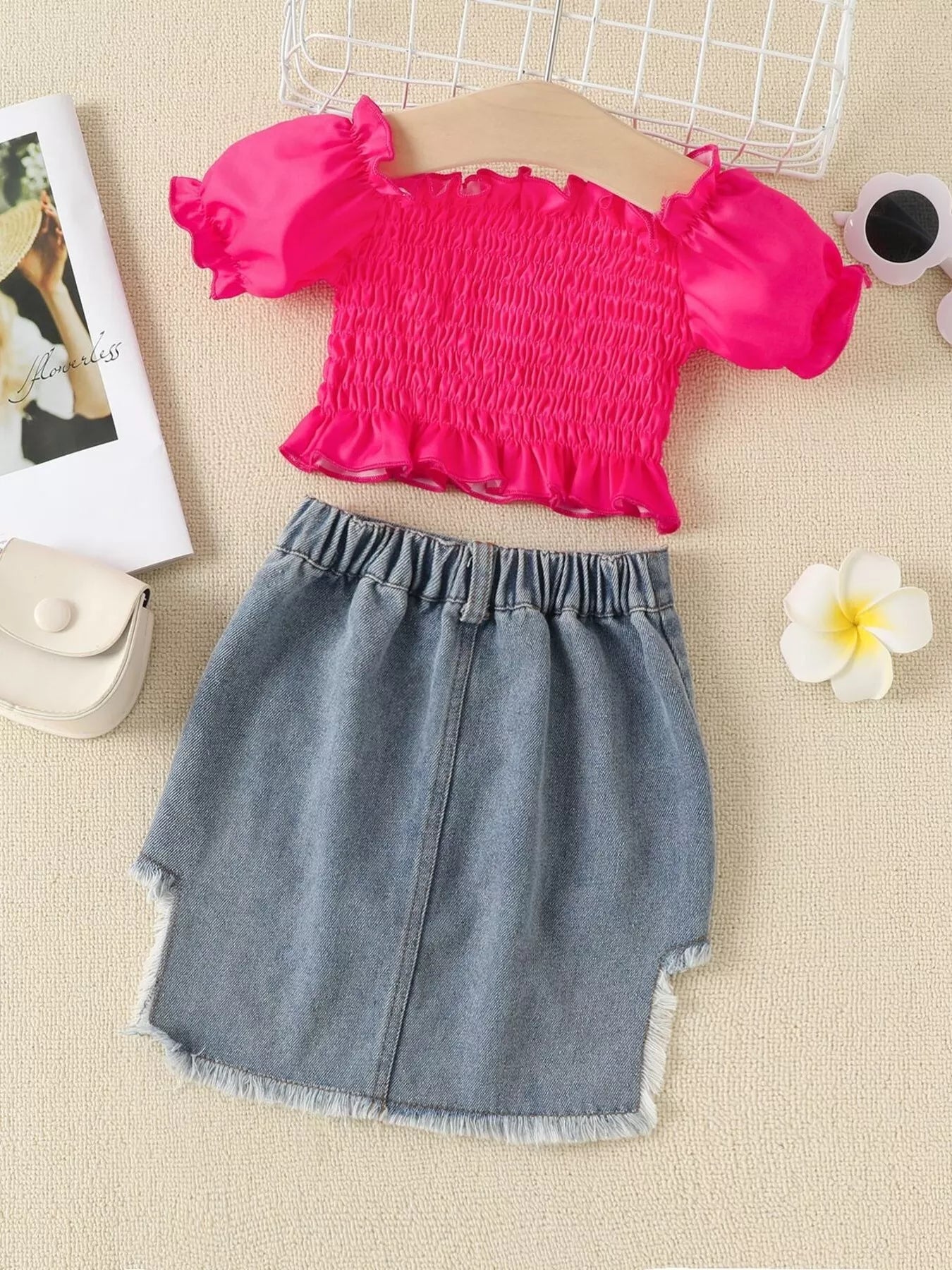 Children's Smocked Top and Distressed Denim Skirt Set