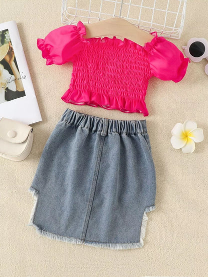 Children's Smocked Top and Distressed Denim Skirt Set