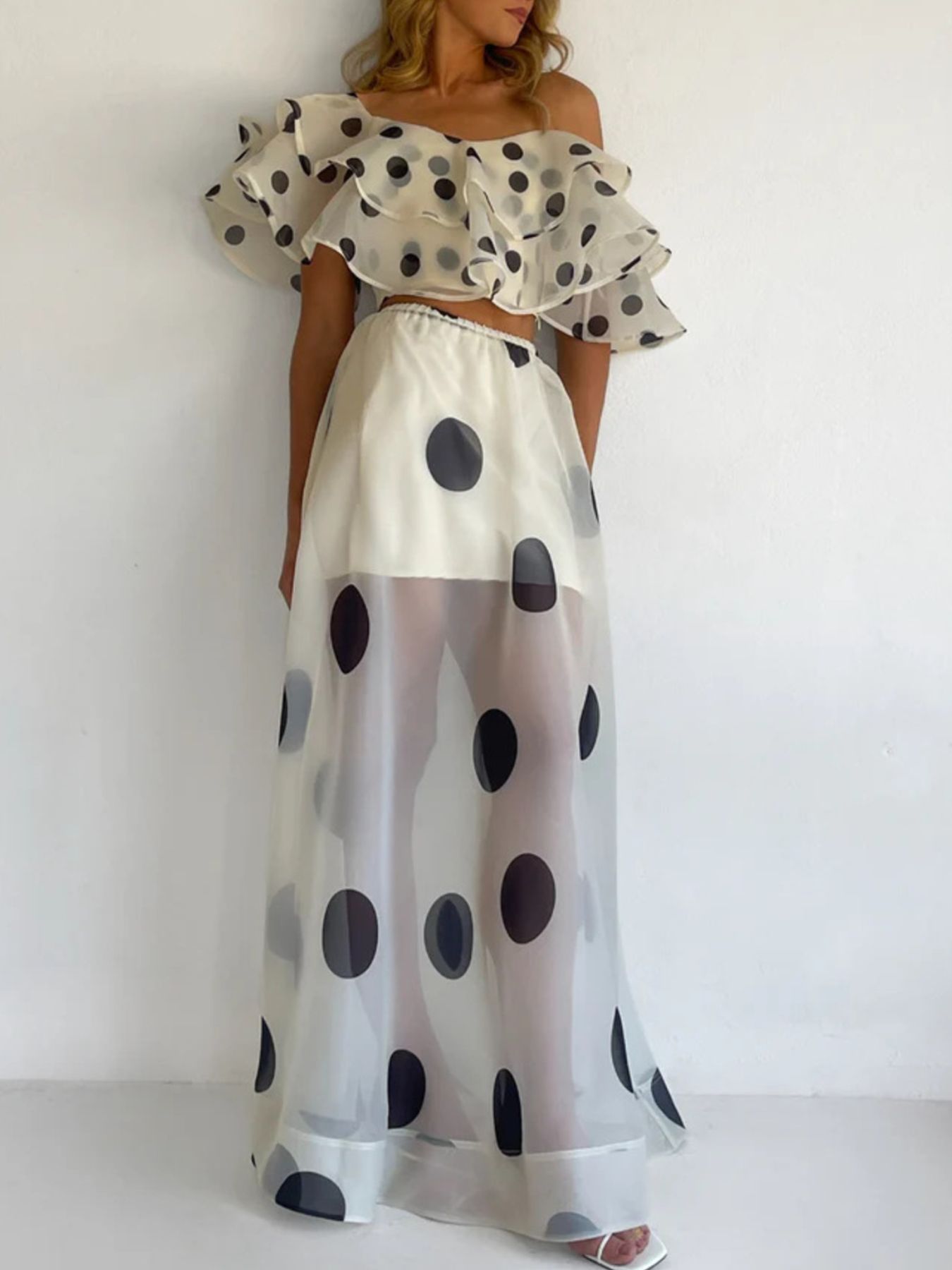 Polka Dot Ruffle Crop Top and Skirt Set