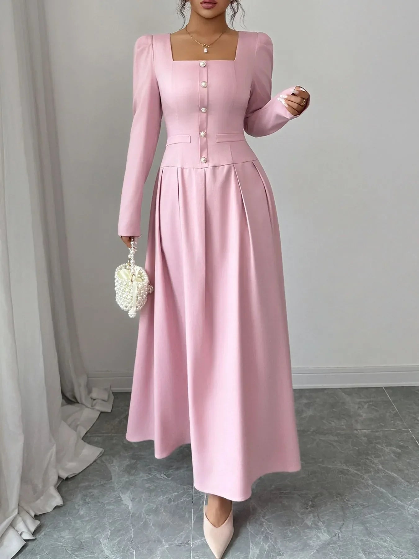Square Neck Long Sleeve Maxi Dress