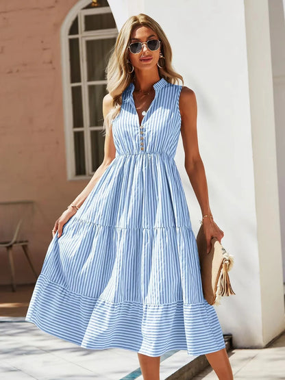 Striped Sleeveless Tiered Midi Dress