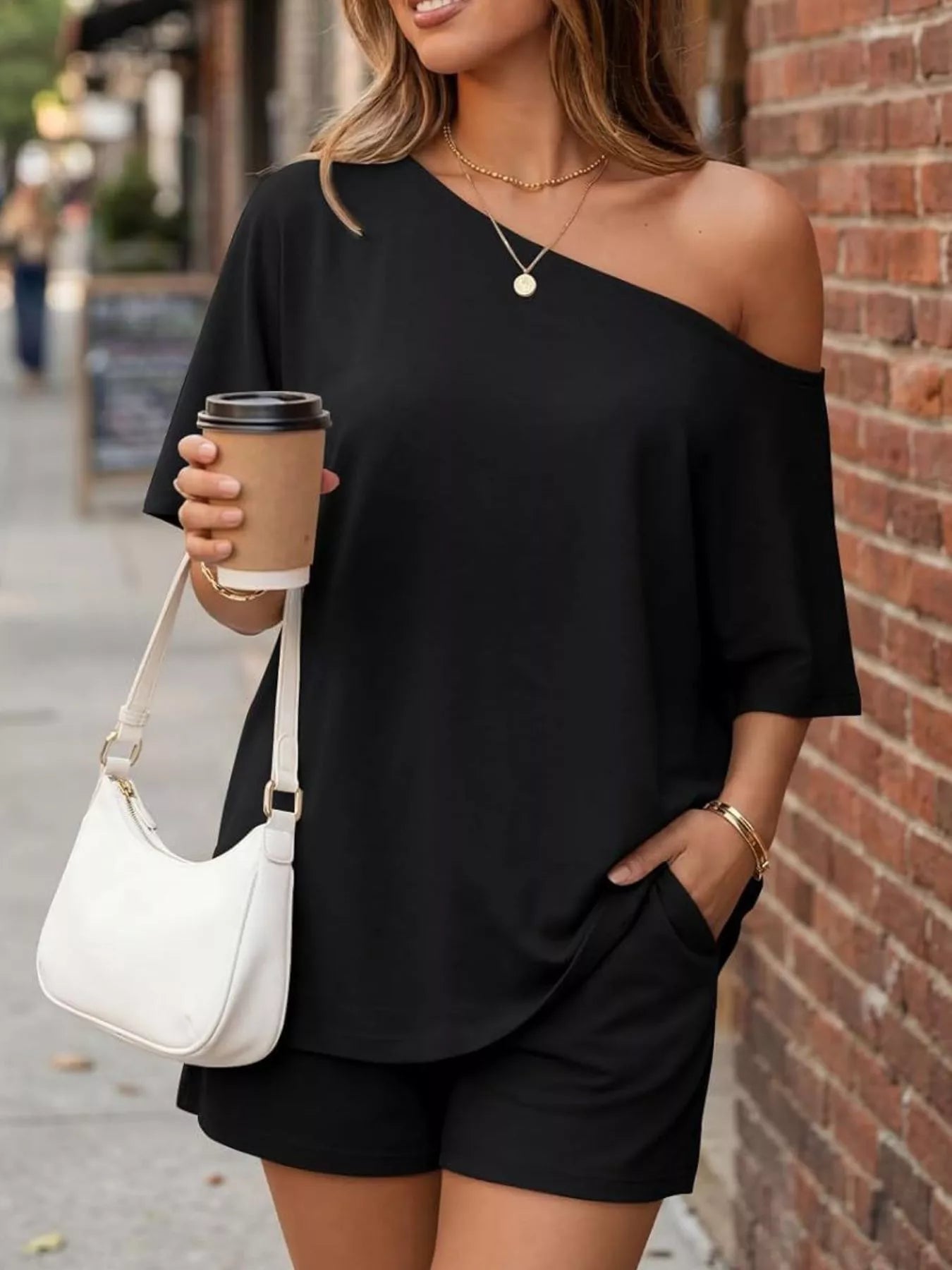 Full Size One Shoulder Top and Shorts Set Plus Size