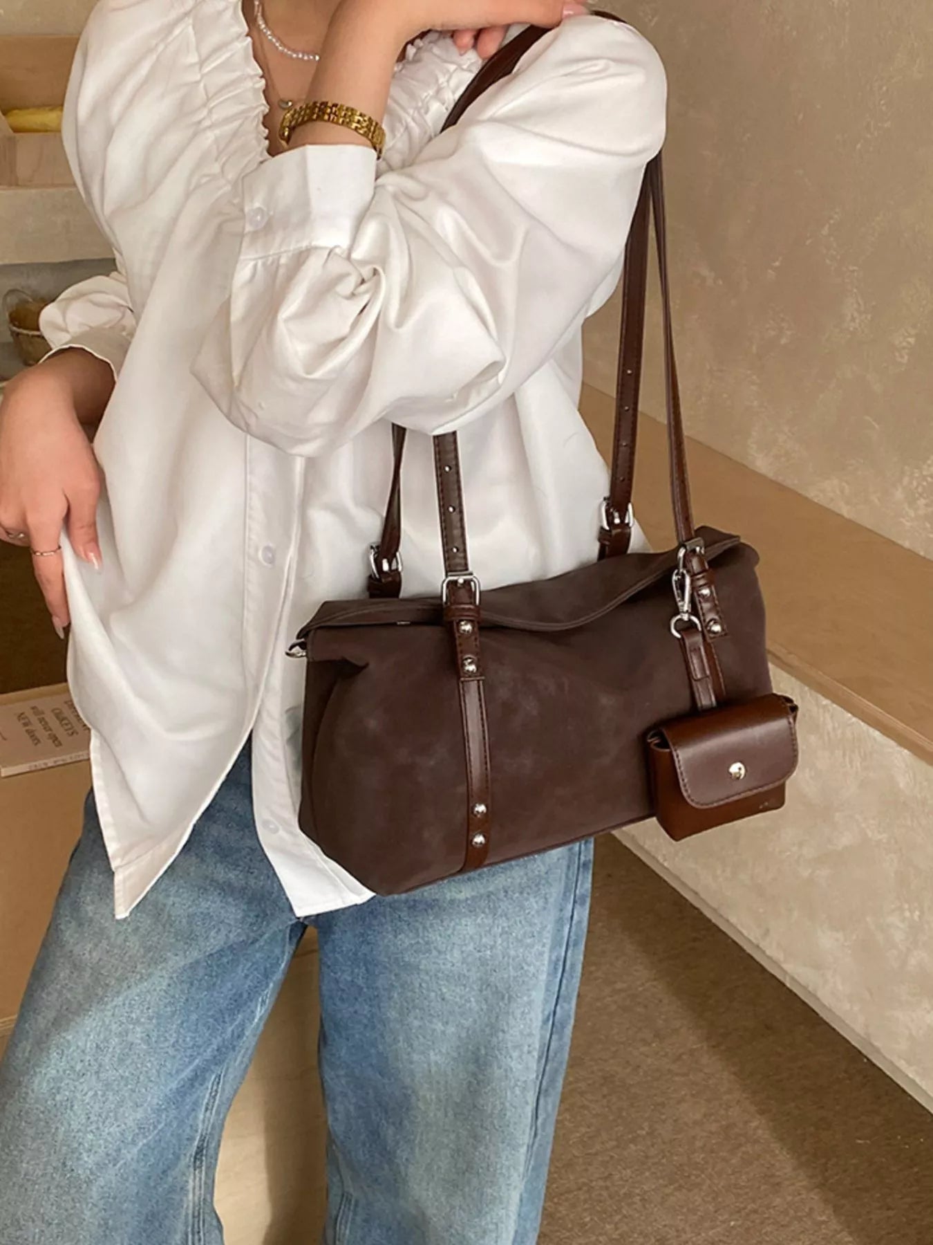 Leather Shoulder Bag with Detachable Pouch