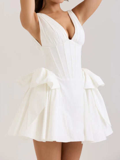 Bow V-Neck Sleeveless Mini Dress