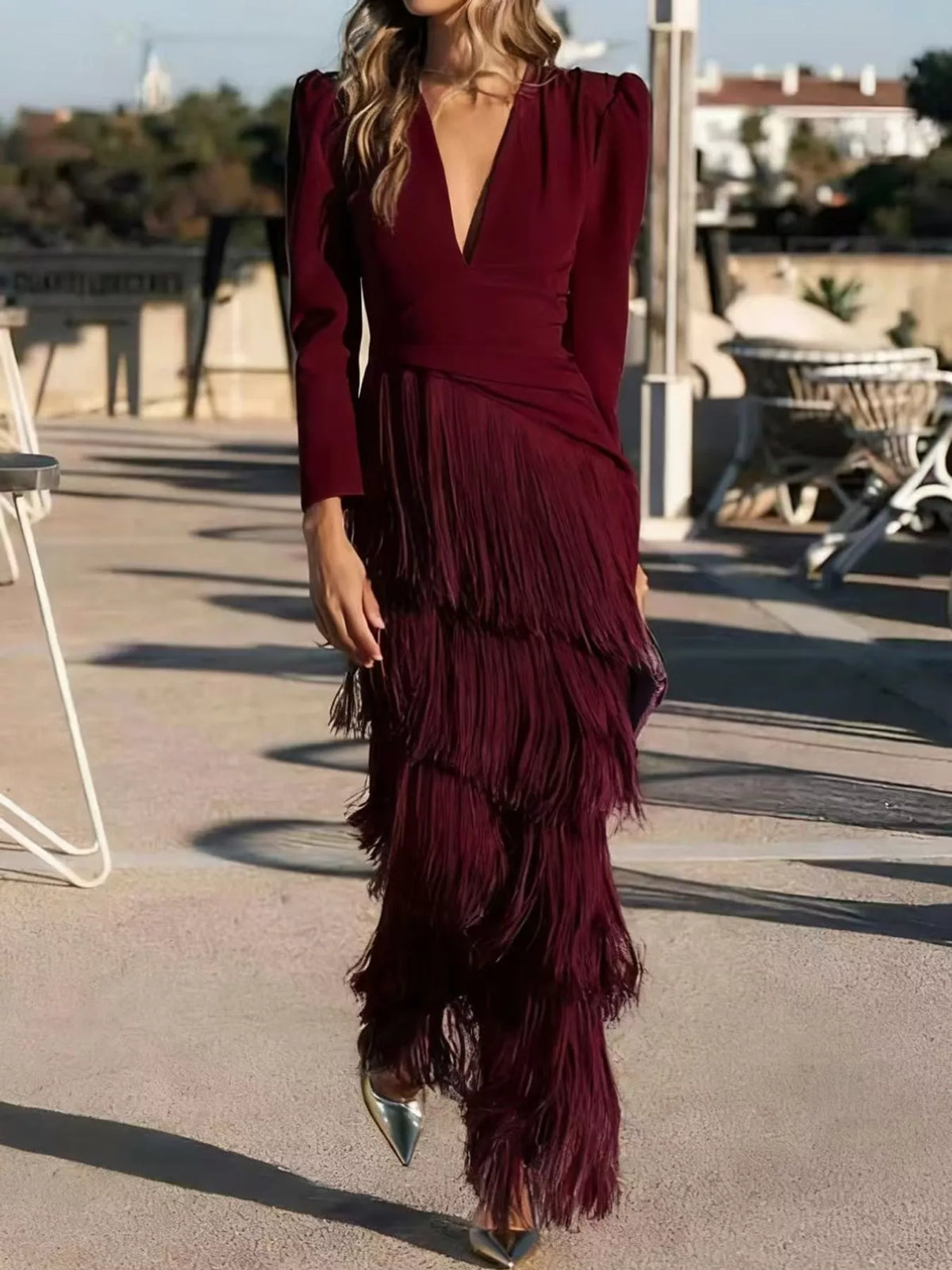 Fringed V-neck puff sleeve dress, view 20