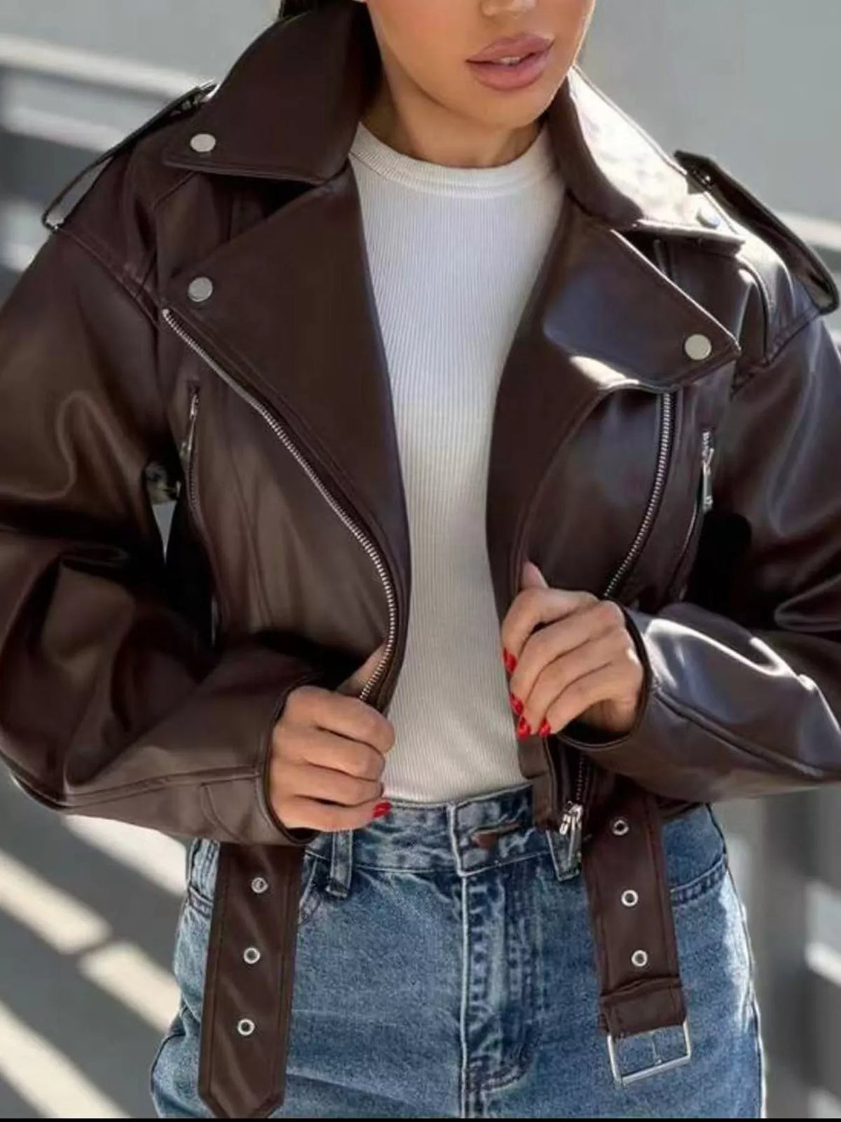 Belted faux leather zip-up jacket, view 3