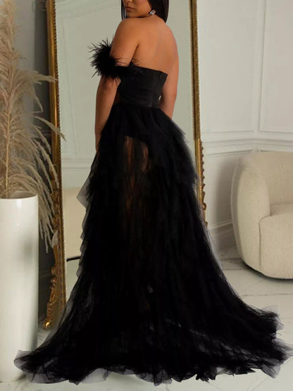 Feathered Corset Tulle Evening Dress