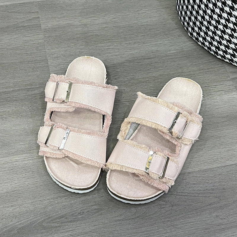 Double buckle canvas flats in blush pink