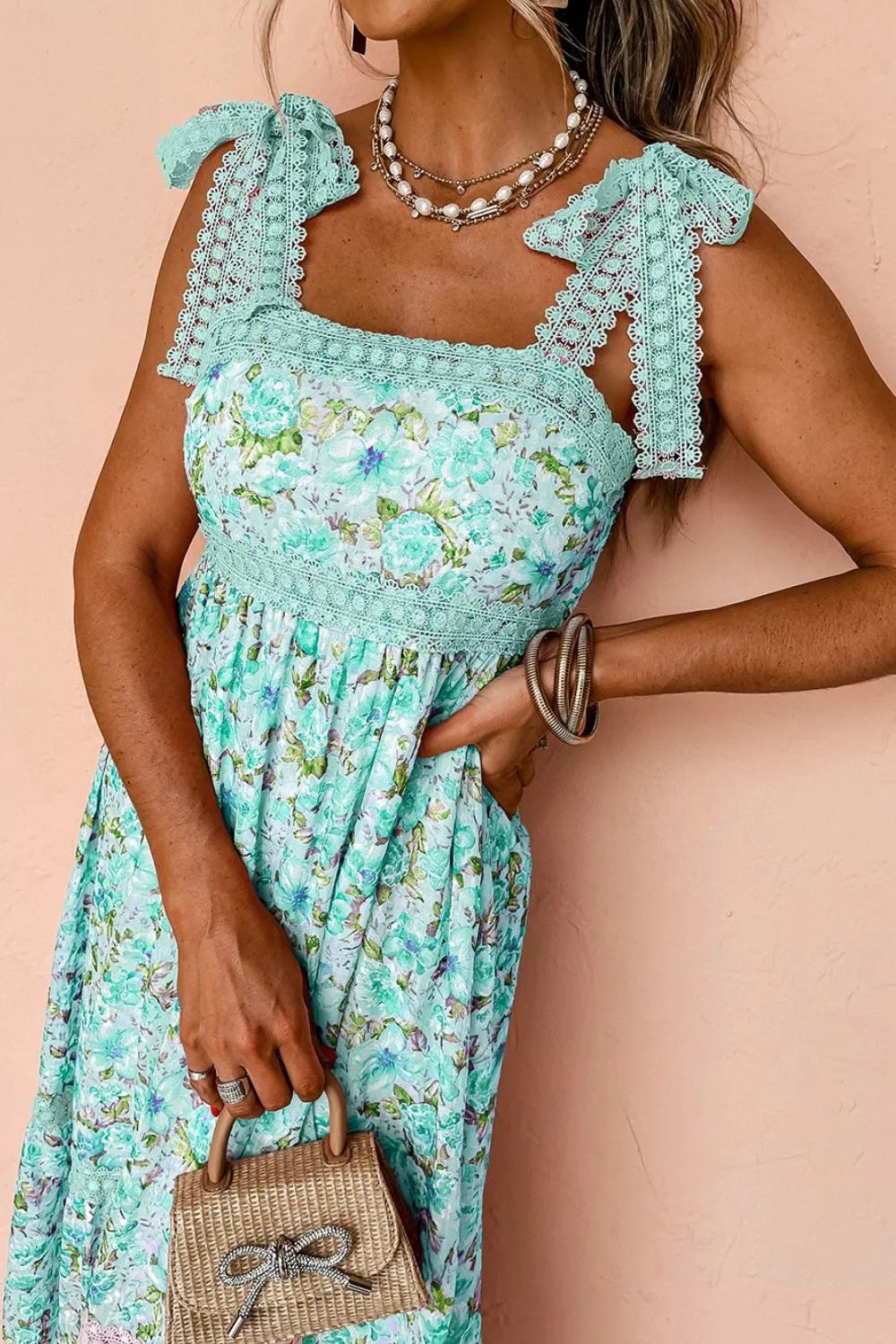 Square Neck Lace Detail Floral Dress