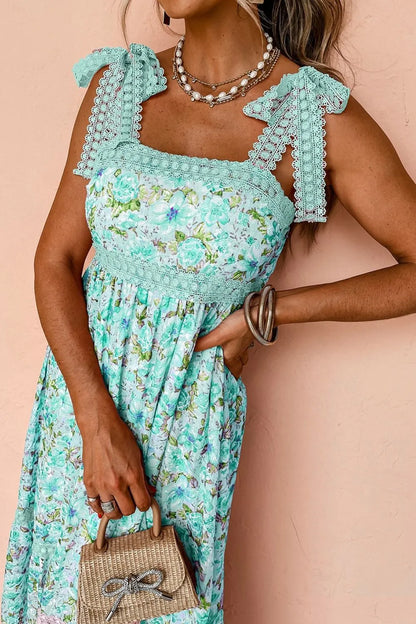 Square Neck Lace Detail Floral Dress