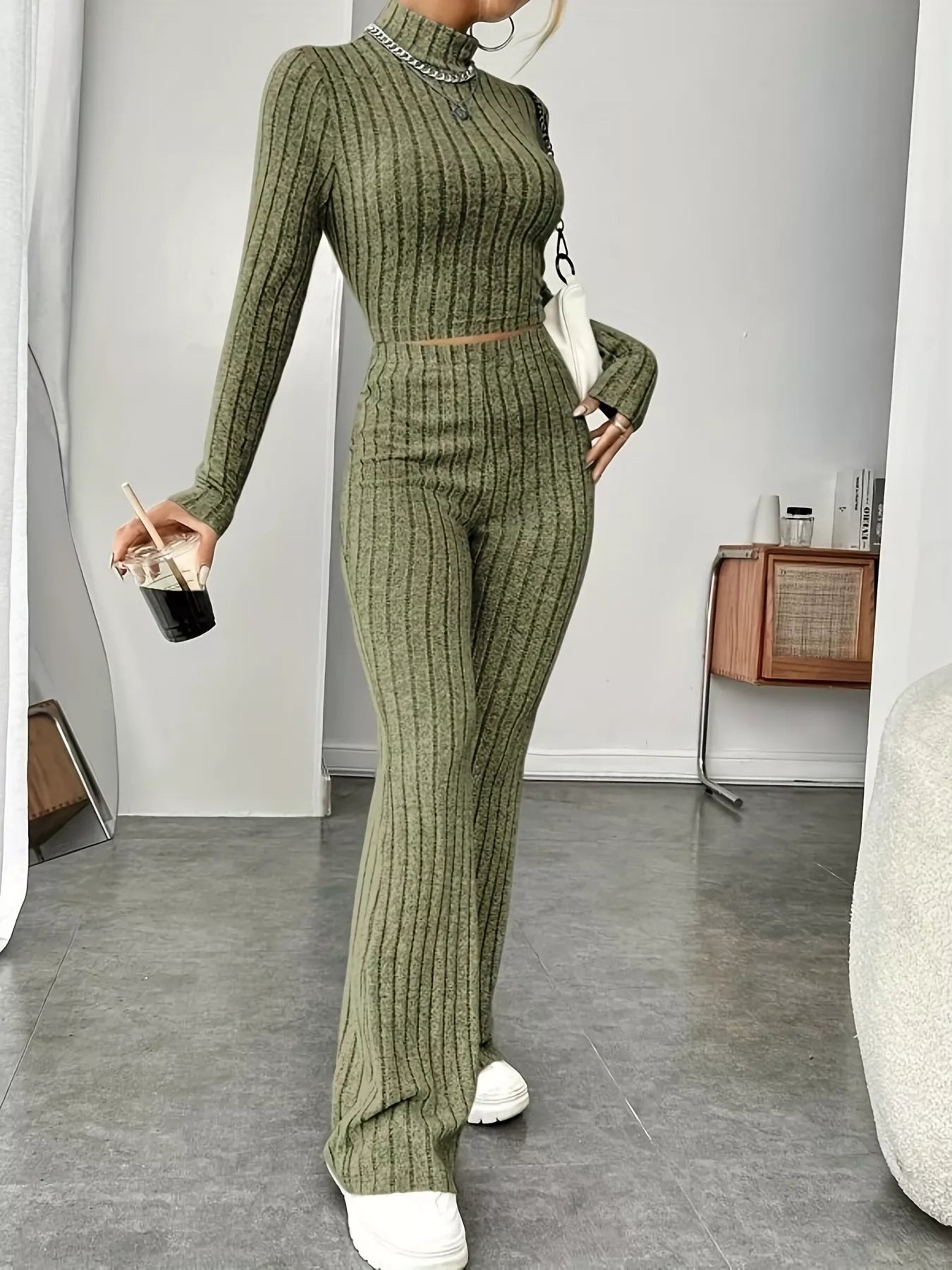 Ribbed Turtleneck Crop Top and Flare Pants Sweater Set
