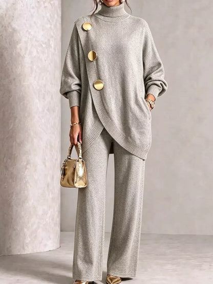 Turtleneck asymmetric sweater and pants set, view 3