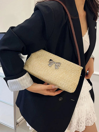 Woven Straw Shoulder Bag with Bow Detail