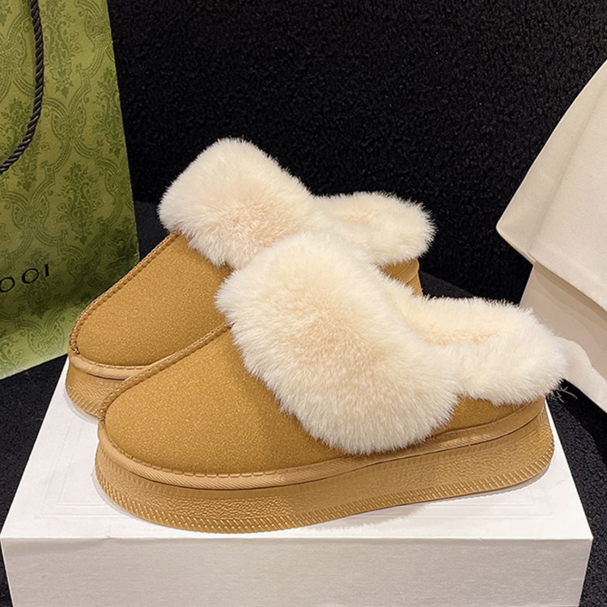 Suede Faux Fur Platform Slippers