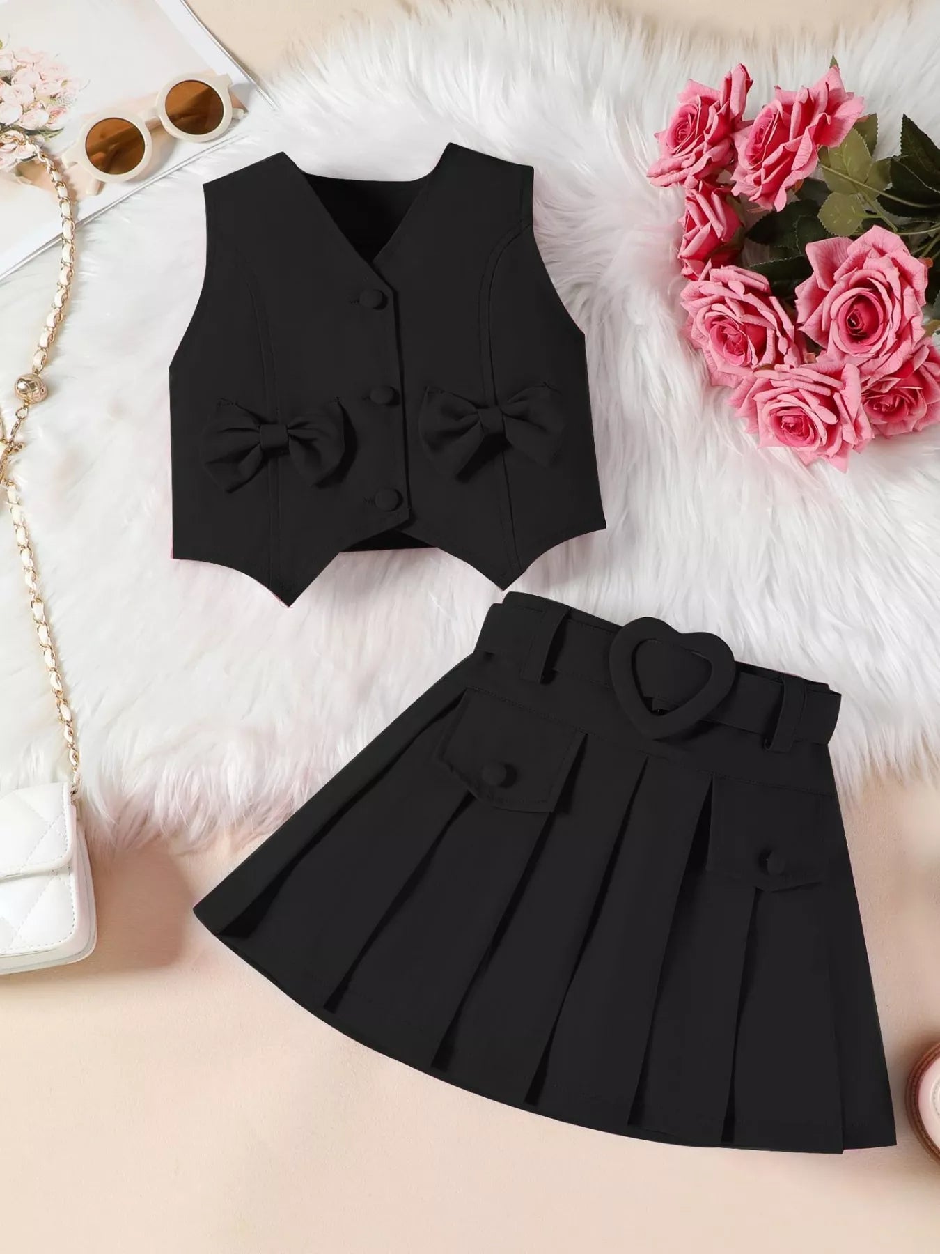 Children's Bowknot Vest & Pleated Skirt Set
