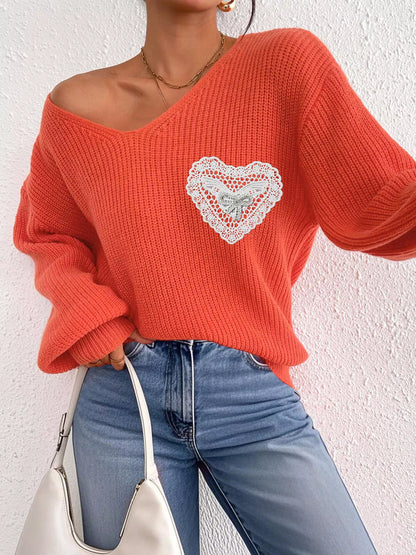 Lace Heart Dropped Shoulder Sweater