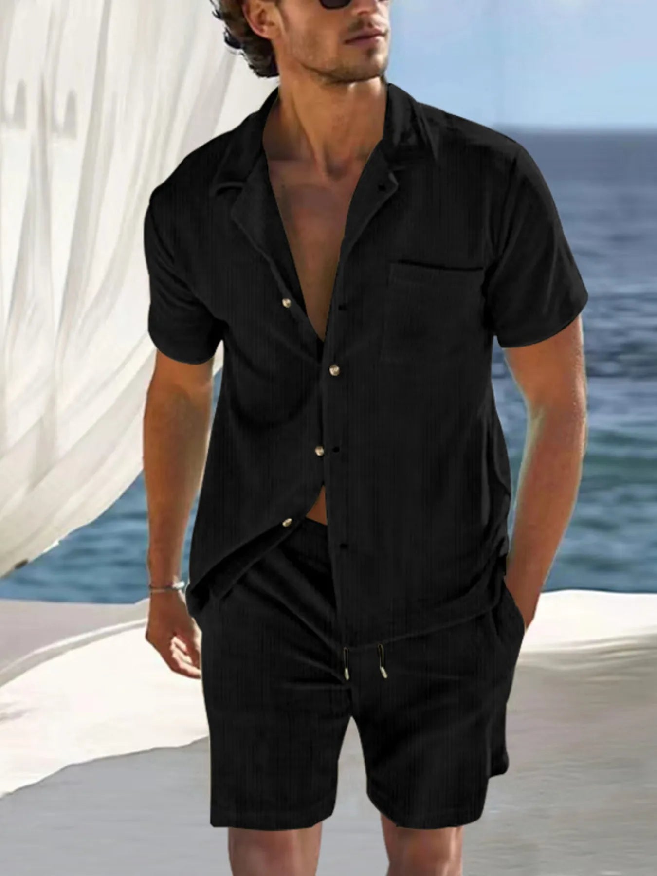 Men's Button Detail Short Sleeve Top and Shorts Set