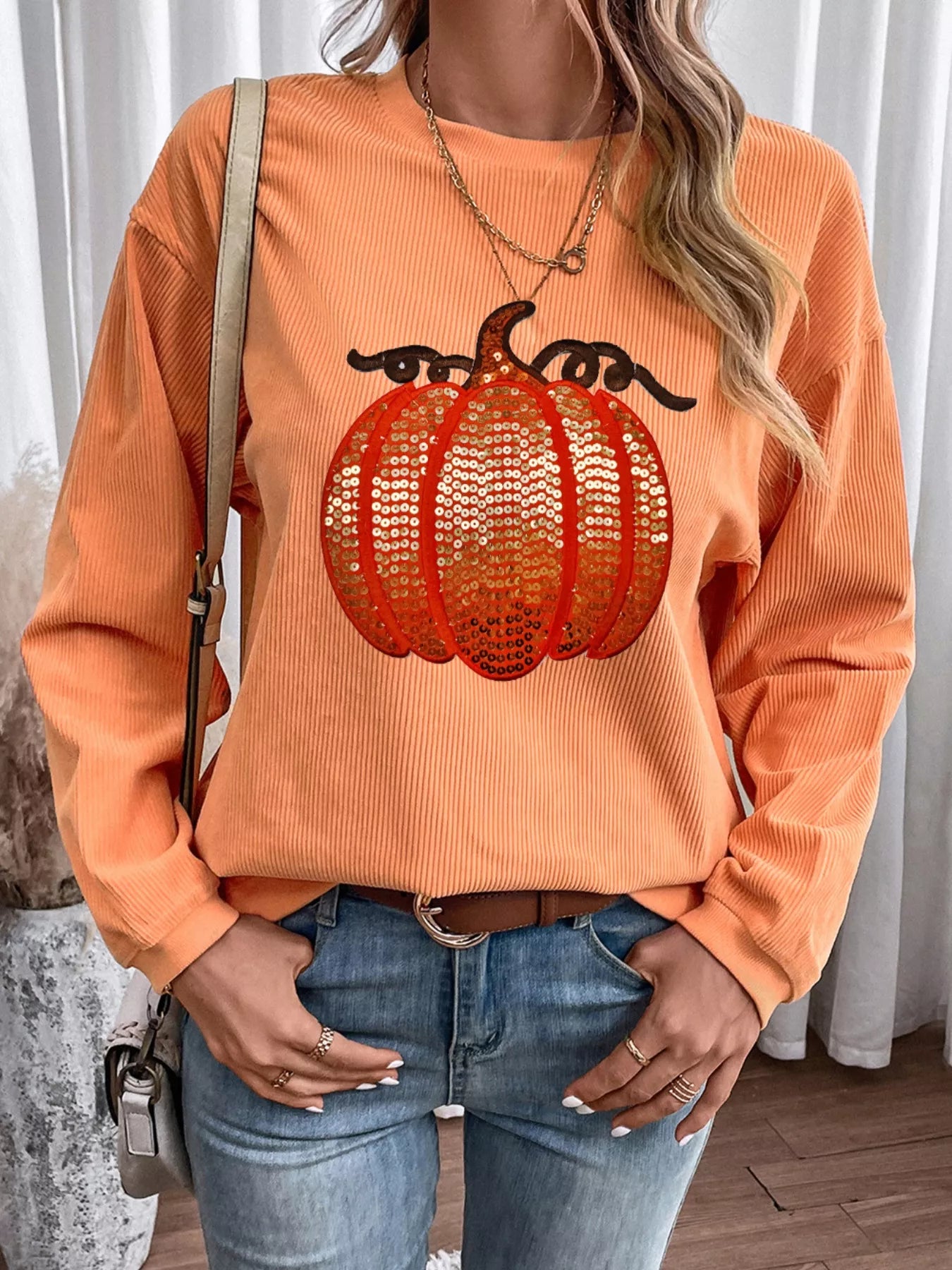 Halloween Sequined Pumpkin Sweatshirt