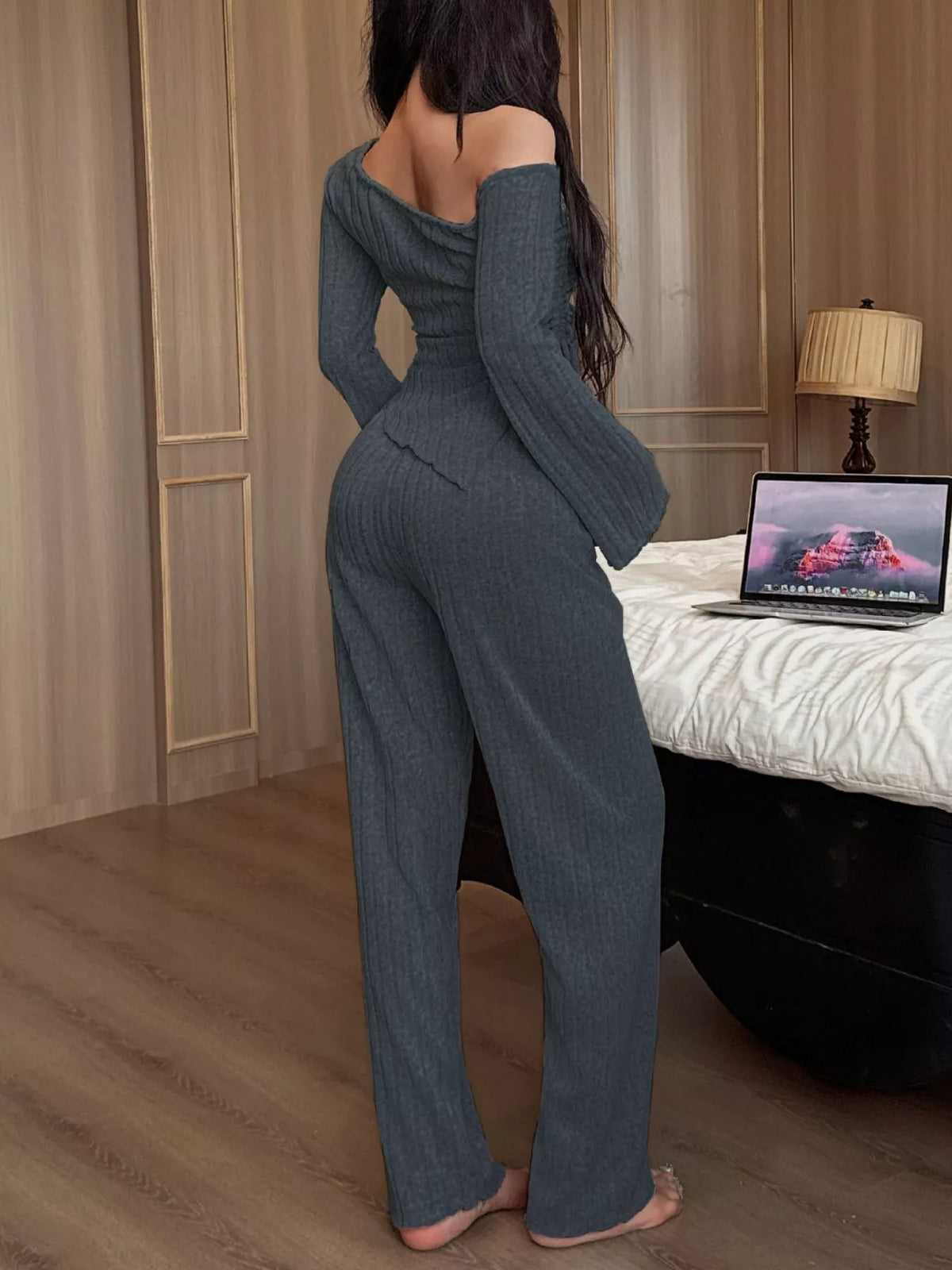 One-Shoulder Ribbed Knit Top and Pants Set