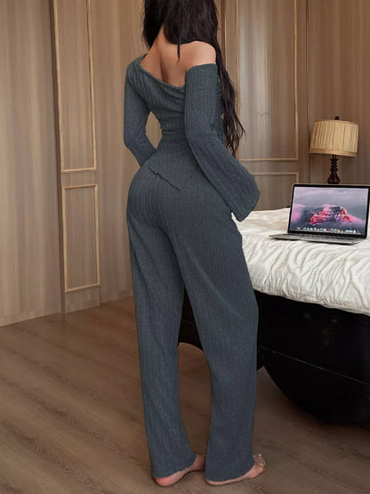 One-Shoulder Ribbed Knit Top and Pants Set