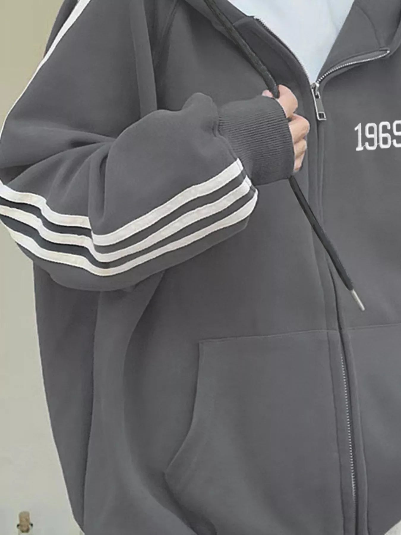 Striped Sleeve Zip-Up Hoodie