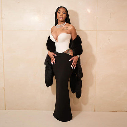 Color blocking waist tied long dress