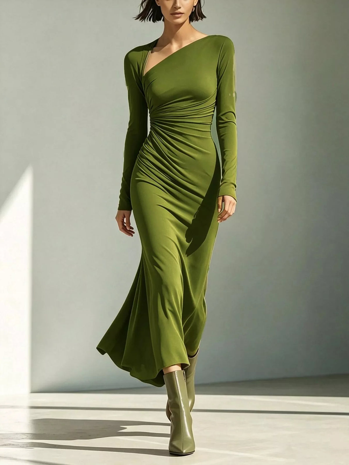 Asymmetrical Neck Ruched Dress