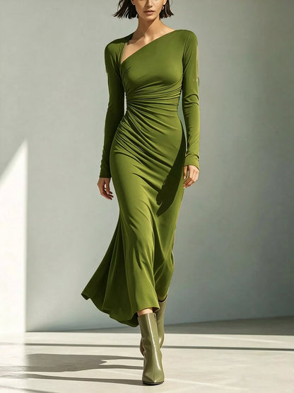 Asymmetrical Neck Ruched Dress